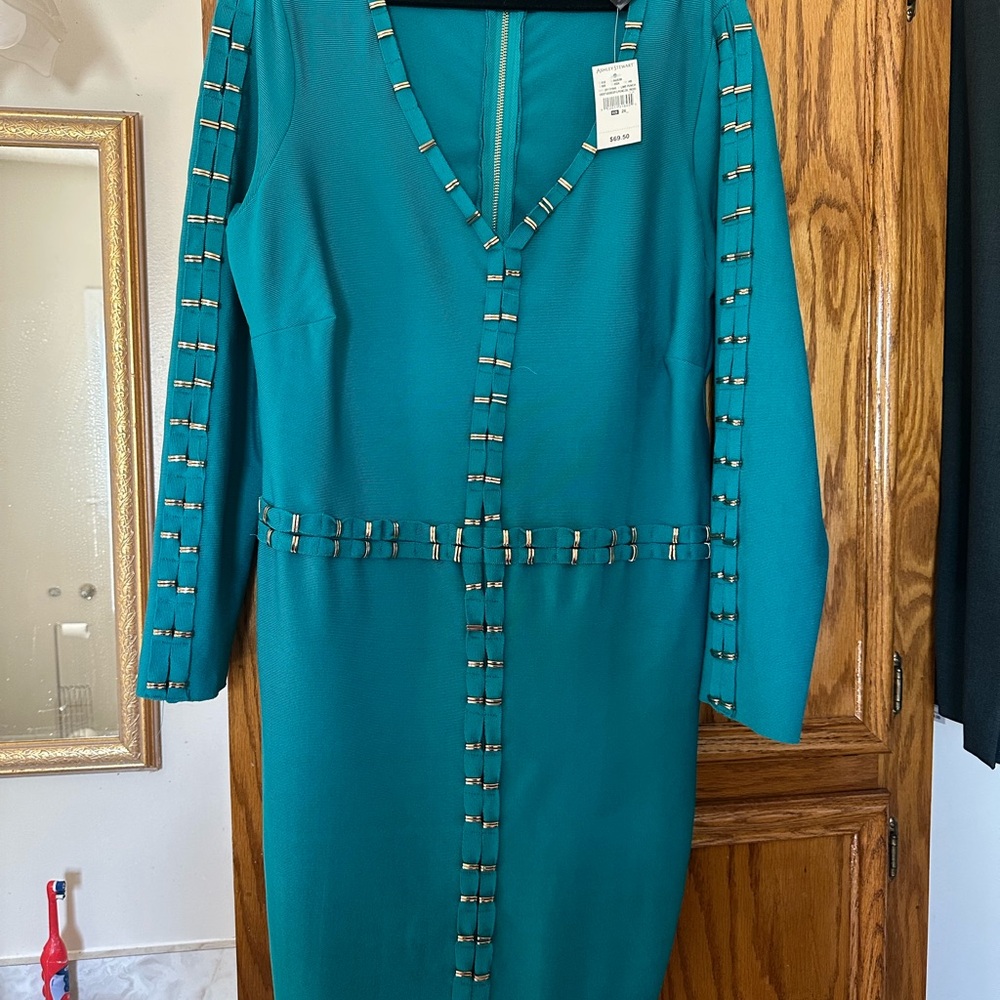 Ashley Stewart Teal Long Sleeve Dress with Studded Details